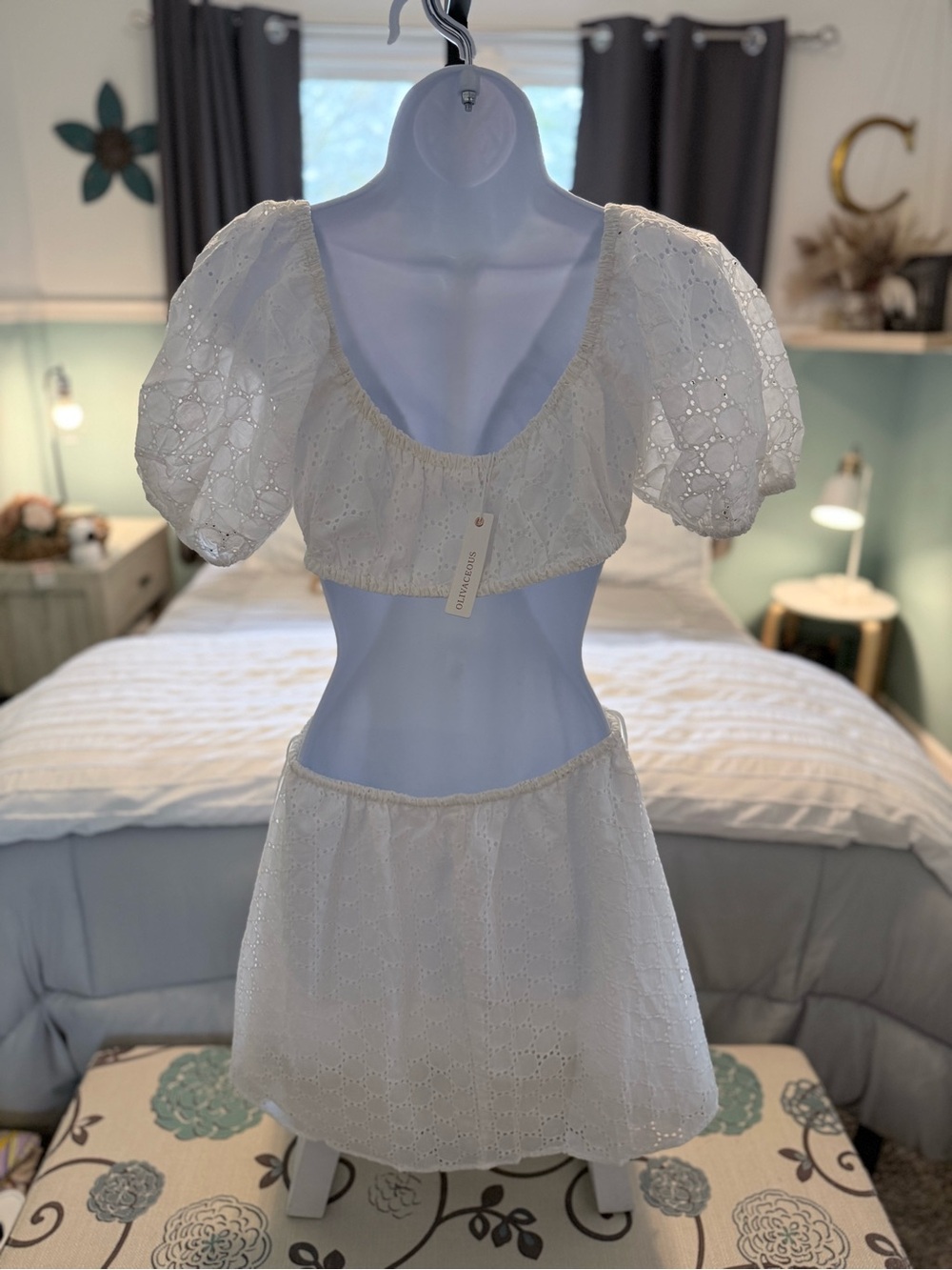 Olivaceous White Eyelet Mini Dress with Puff Sleeve Detail - Picture 2 of 3